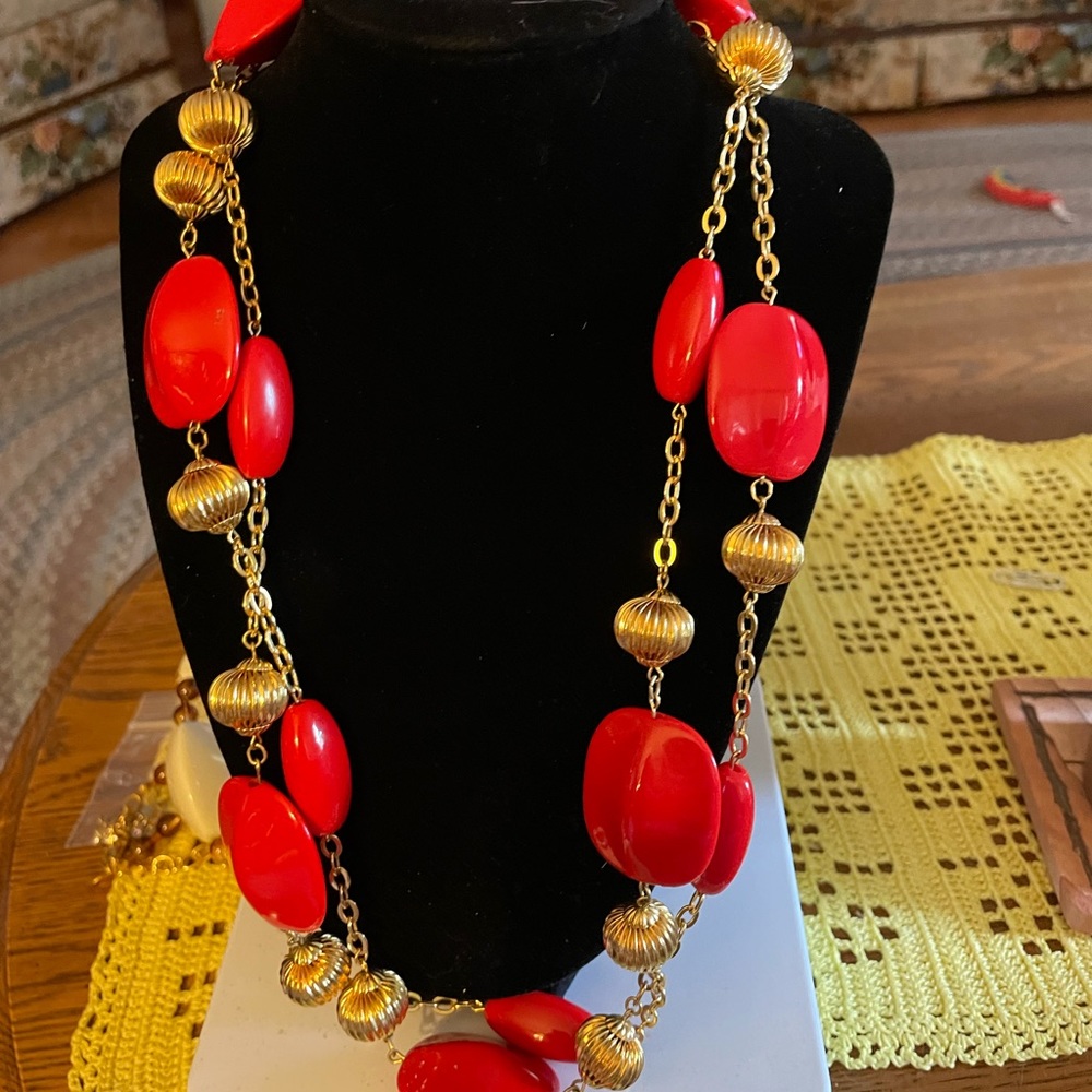 Joan Rivers signed long coralgold tone necklace